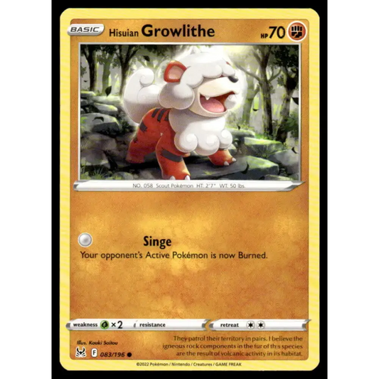 SWSH11: Lost Origin #083/196 Hisuian Growlithe NM-MT Pokemon Trading Card - Pokémon Card Single