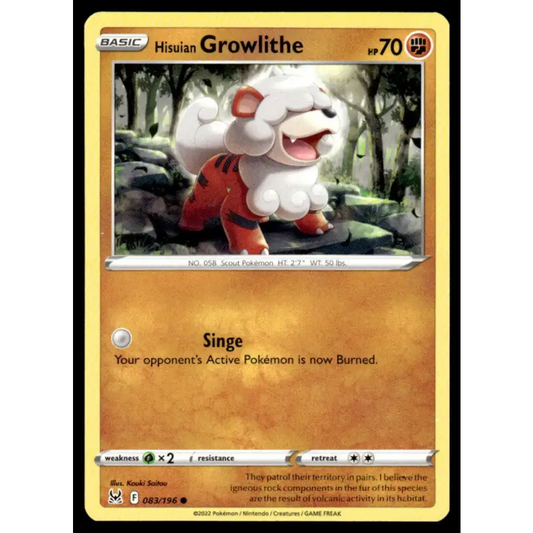 SWSH11: Lost Origin #083/196 Hisuian Growlithe NM-MT Pokemon Trading Card - Pokémon Card Single
