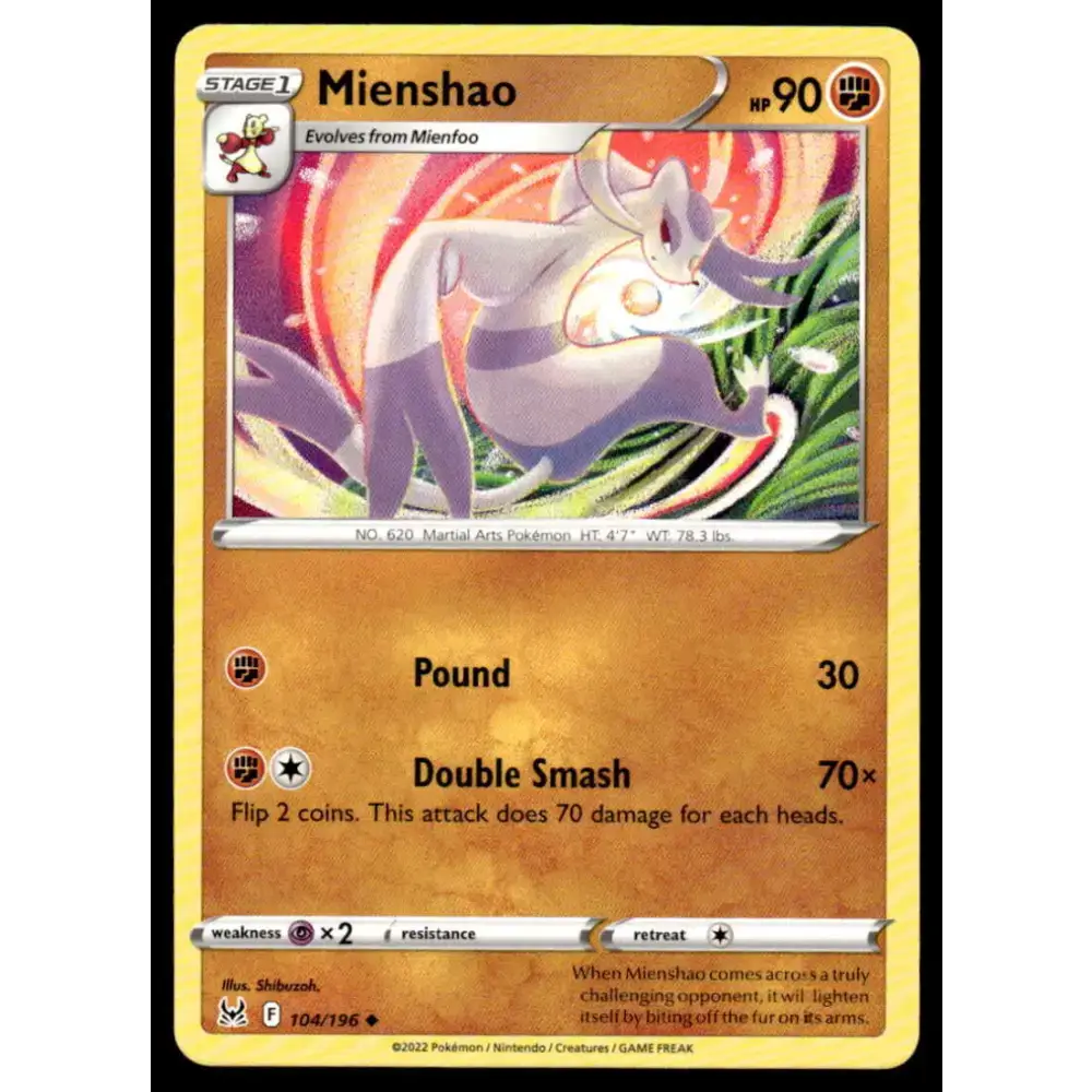 SWSH11: Lost Origin #104/196 Mienshao NM-MT Pokemon Trading Card - Pokémon Card Single