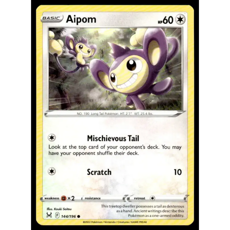 SWSH11: Lost Origin #144/196 Aipom NM-MT Pokemon Trading Card - Pokémon Card Single