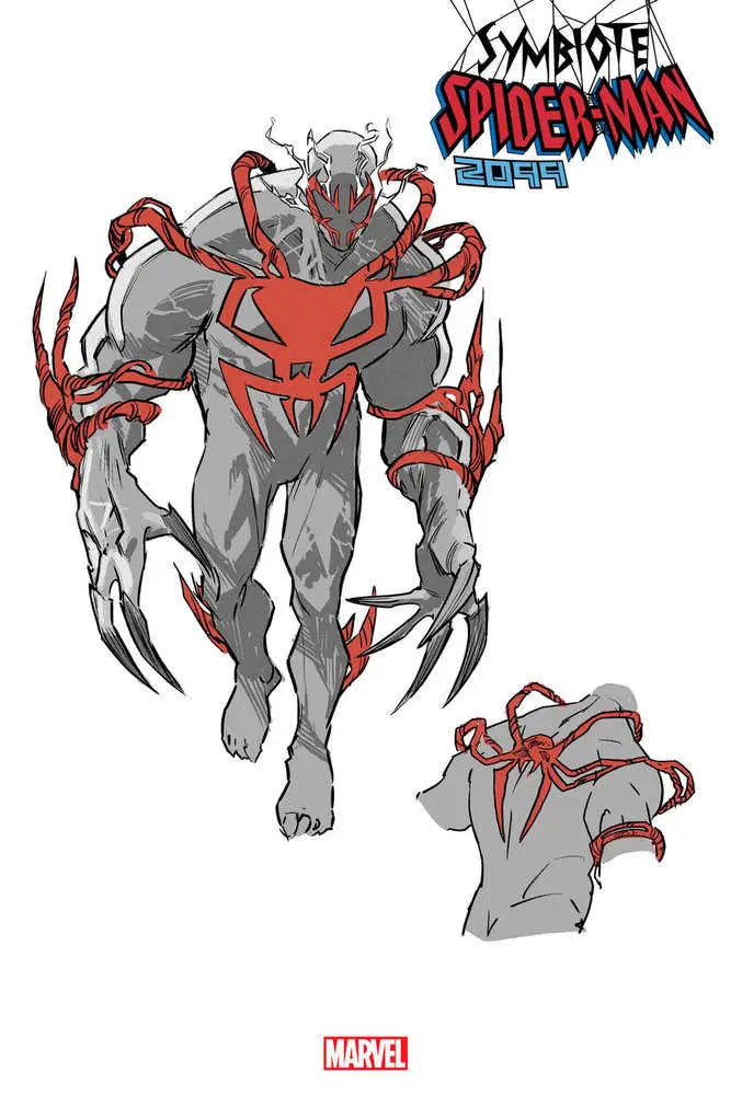 Muscular humanoid figure with red spider design from Symbiote Spider-Man trading card