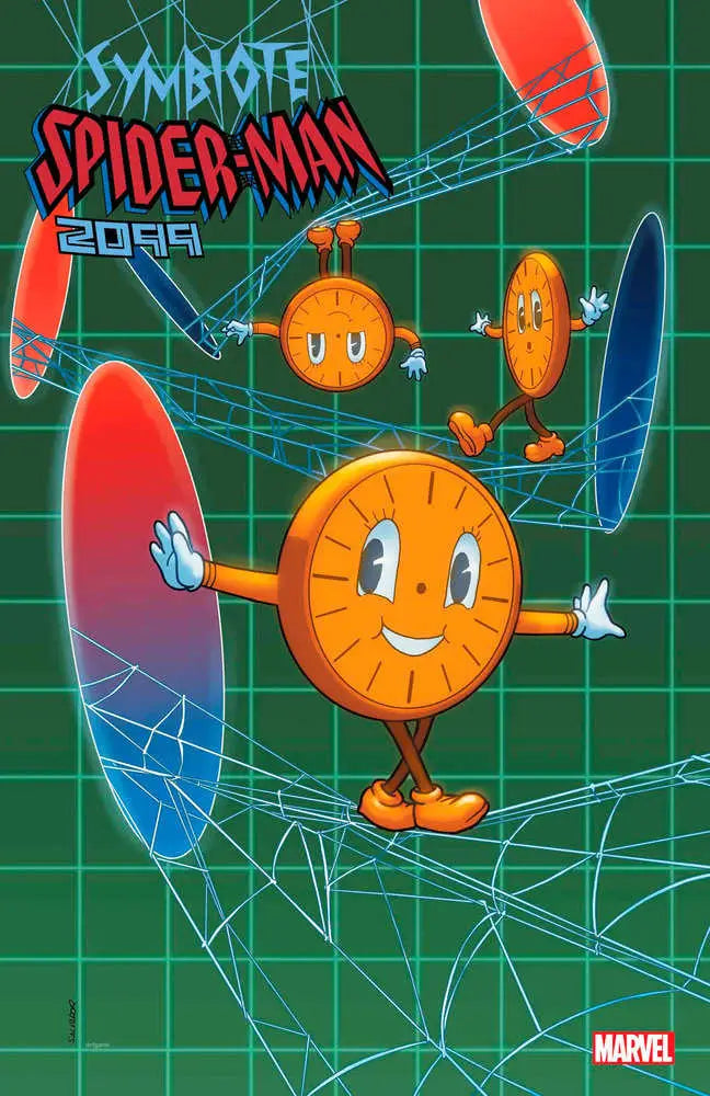 Cartoon clock character with arms and legs in Symbiote Spider-Man 2099 trading cards variant