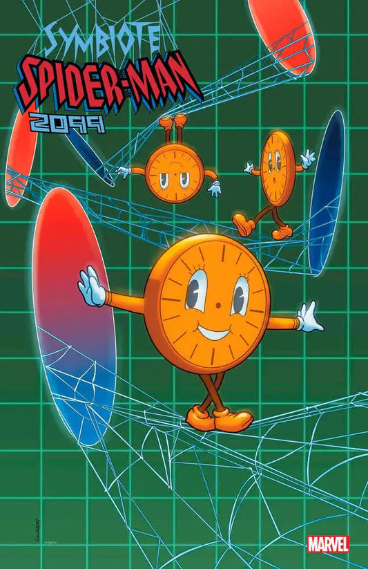 Cartoon clock character with arms and legs in Symbiote Spider-Man 2099 trading cards variant