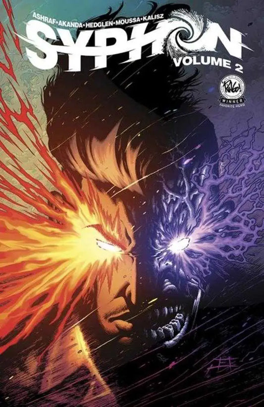 Comic book cover for Syphon Volume 2 with split-face design, fiery and electric energy