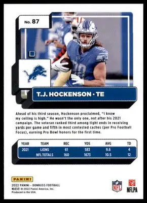 T.J. Hockenson 2022 Donruss #87 Detroit Lions - Football Card Single