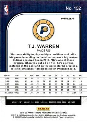 T.J. Warren - 2019-20 Hoops Premium Stock - #152 - Prizms Silver Basketball - Basketball Card Single