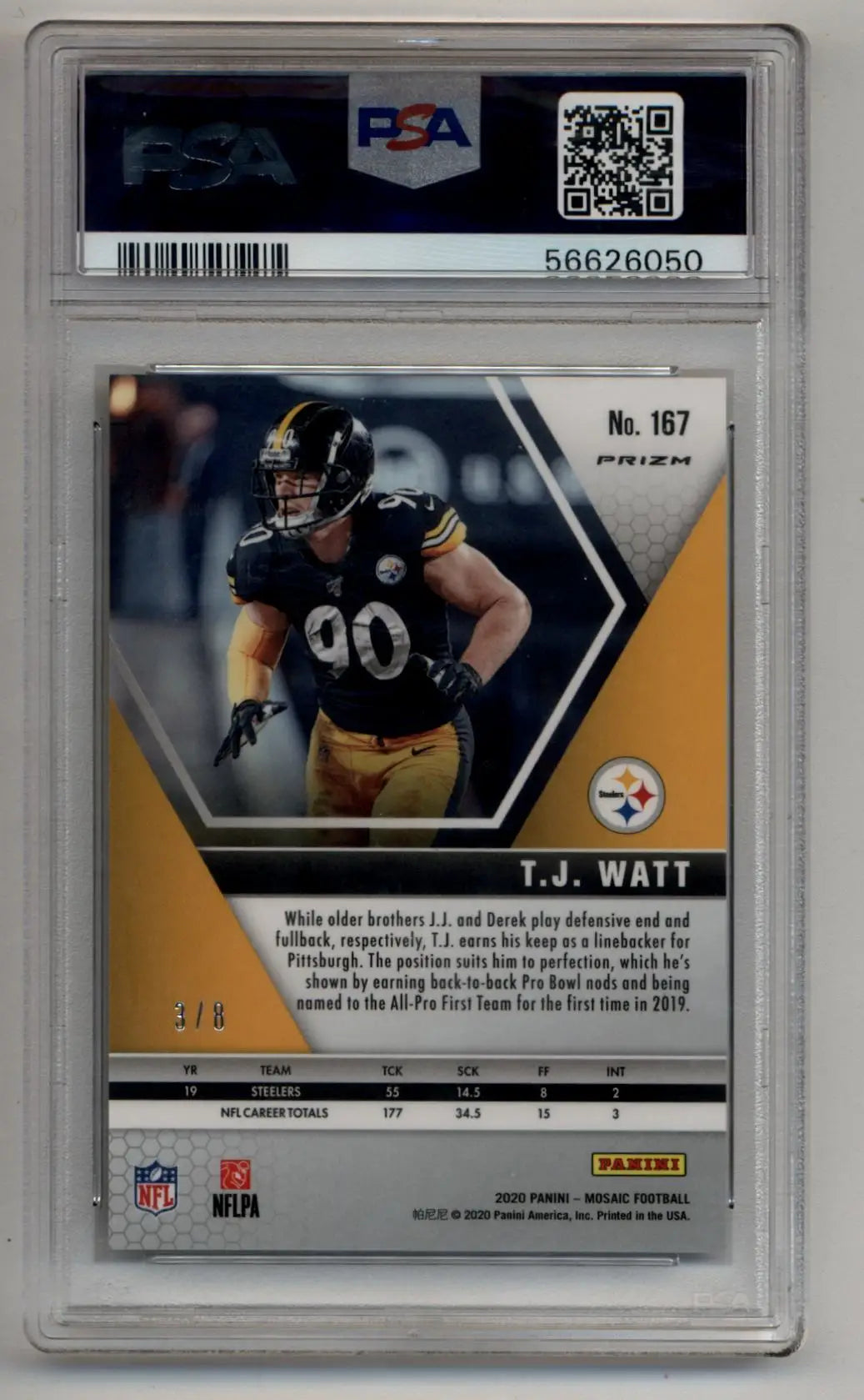 T.J. Watt 2020 Mosaic Black Gold Choice 3/8 #167 PSA 10 Gem Mint - Football Card Single