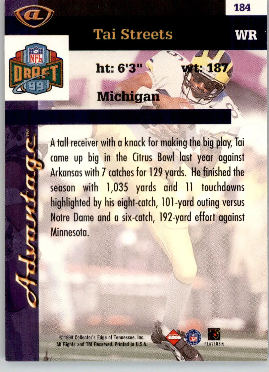 Tai Streets - 1999 Collector’s Edge Advantage - #184 - RC Football - Football Card Single