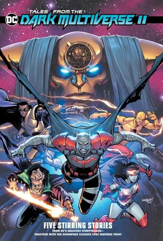 Comic book cover of superheroes facing a cosmic entity in Dark Multiverse saga