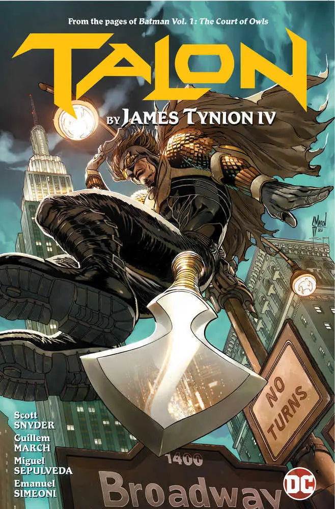 Book cover of Talon by James Tynion IV featuring a masked vigilante with blade in cityscape