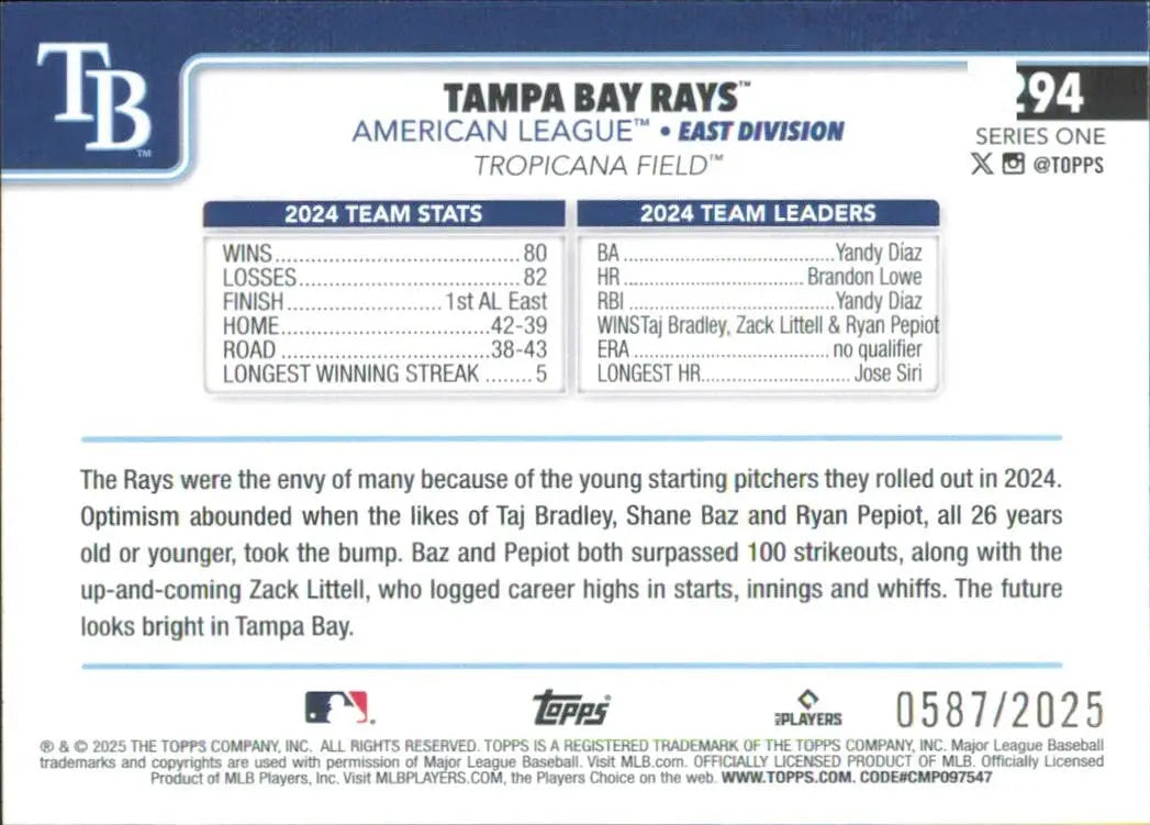 Tampa Bay Rays 2025 Topps Series 1 Gold /2025 #294 Baseball Card MLB Sports - Baseball Card Single