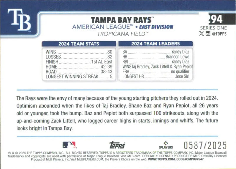 Tampa Bay Rays 2025 Topps Series 1 Gold /2025 #294 Baseball Card MLB Sports - Baseball Card Single