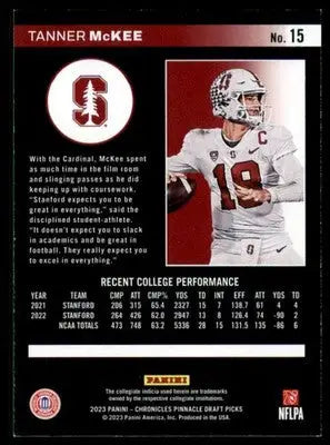Tanner McKee 2023 Panini Chronicles Draft Picks Pinnacle #15 Stanford Cardinal - Football Card Single