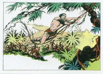 Muscular man swinging on a vine in Tarzan 100th Anniversary promo card image