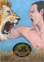 Surreal painting of a shirtless man battling a lion on Tarzan sketch card by Ted Dastick