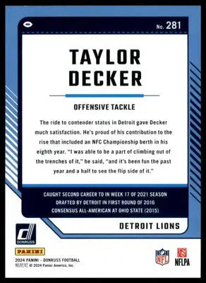 Taylor Decker 2024 Donruss #281 Detroit Lions Football Card NFL Sports - Football Card Single