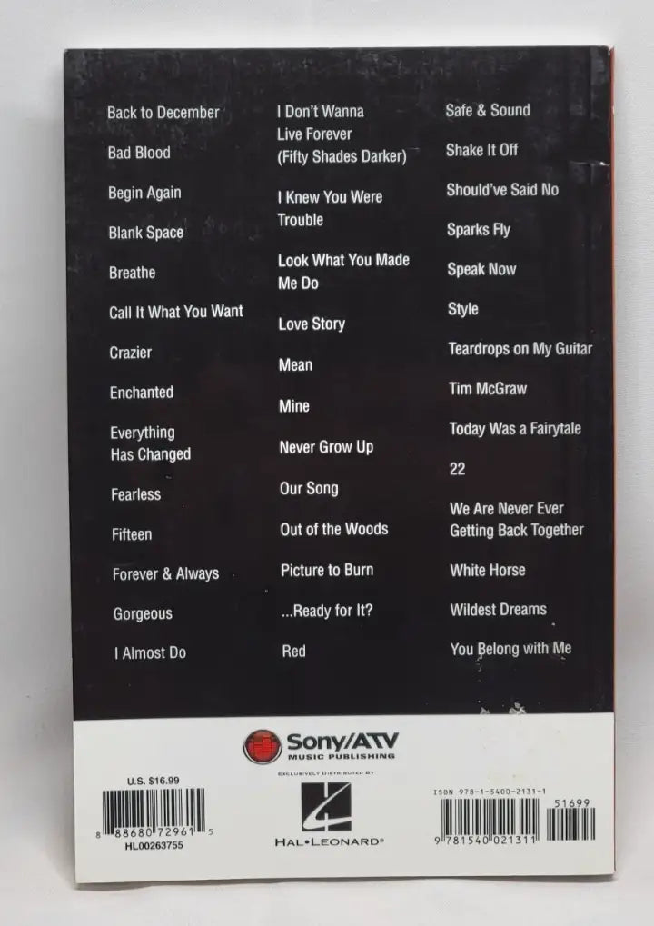 Song list on a Taylor Swift guitar chord songbook paperback by Swift Taylor