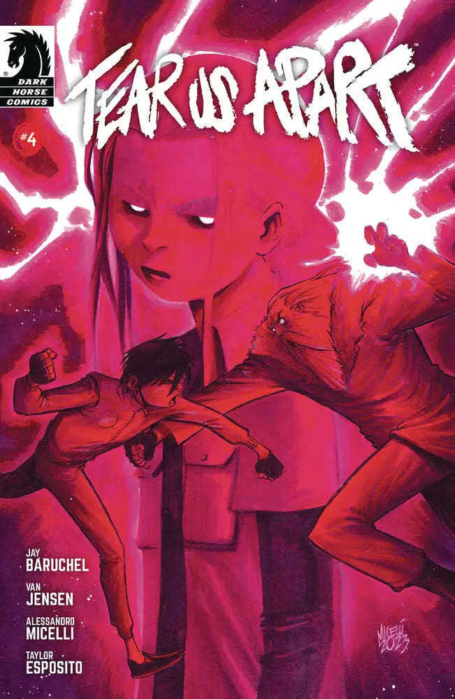Comic book cover for Tear Us Apart #4 with red artwork and lightning effects