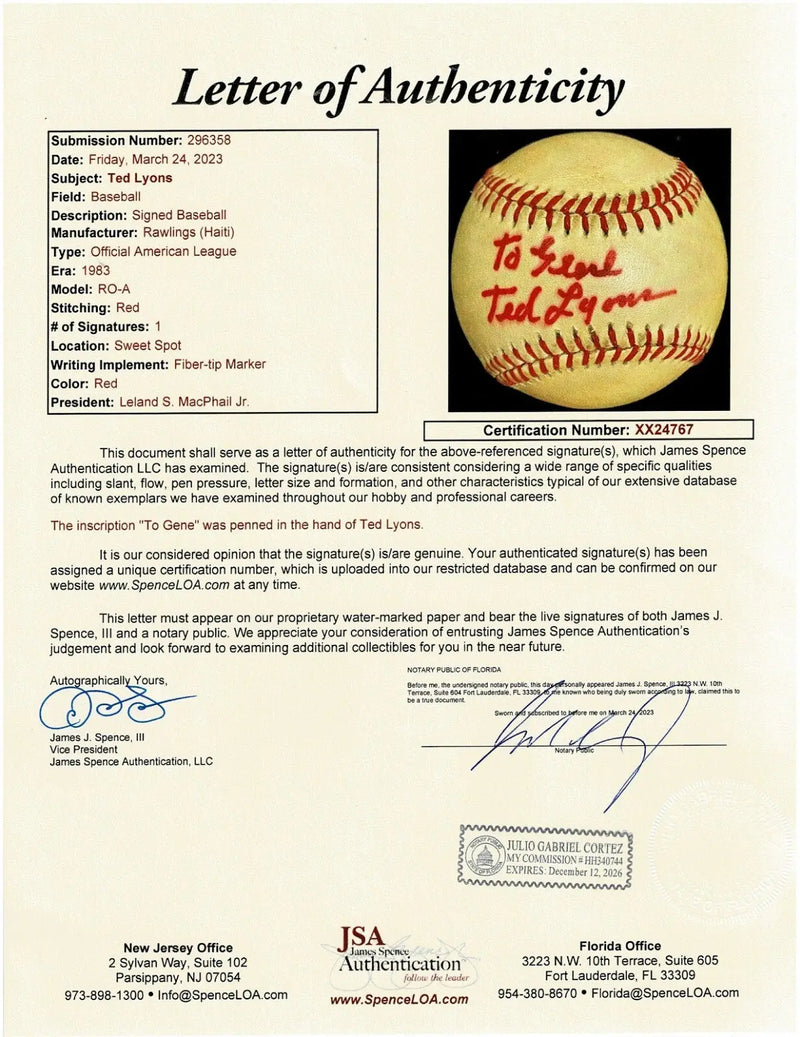 TED LYONS SIGNED AL Auto Ball BASEBALL Lee MacPhail White Sox HOF JSA LOA - Sports Memorabilia