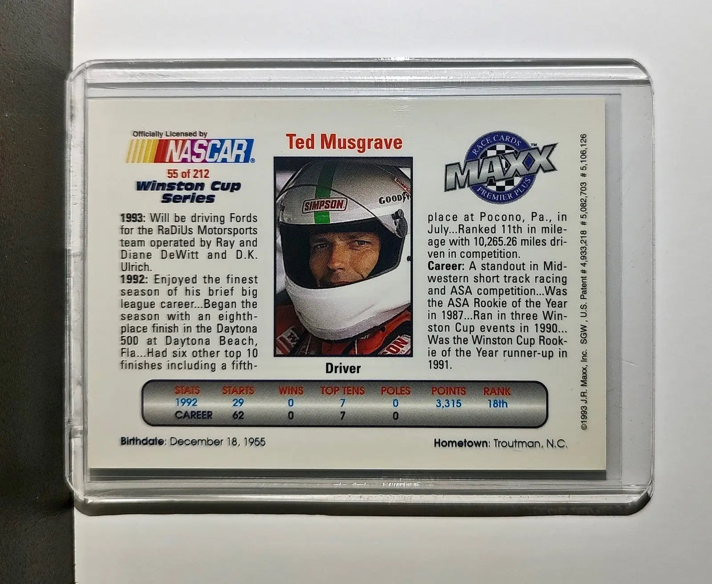 Ted Musgrave 1993 Maxx Premier Plus Racing #55 NASCAR Card RaDiUs Motorsports - Racing Card Single