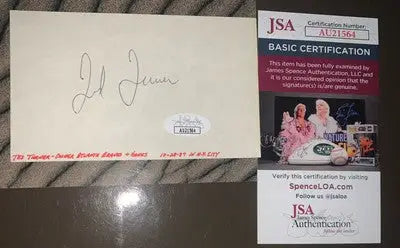 Autographed Ted Turner index card with JSA certification from TBS CNN Braves WCW