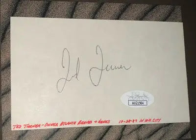 Autographed Ted Turner index card featuring TBS CNN Braves WCW memorabilia JSA authentic