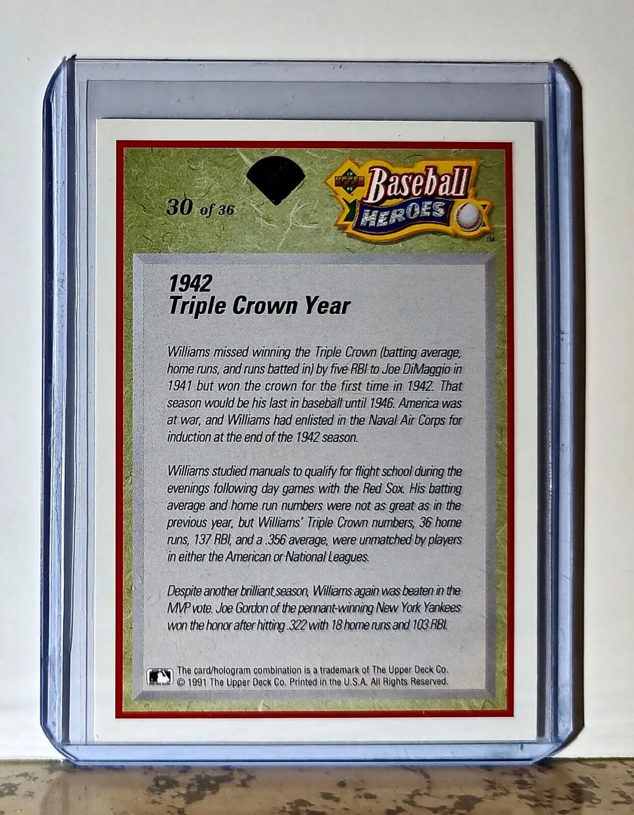 Ted Williams 1992 Upper Deck Baseball Heroes MLB #30 Card Boston Red Sox - Baseball Card Single