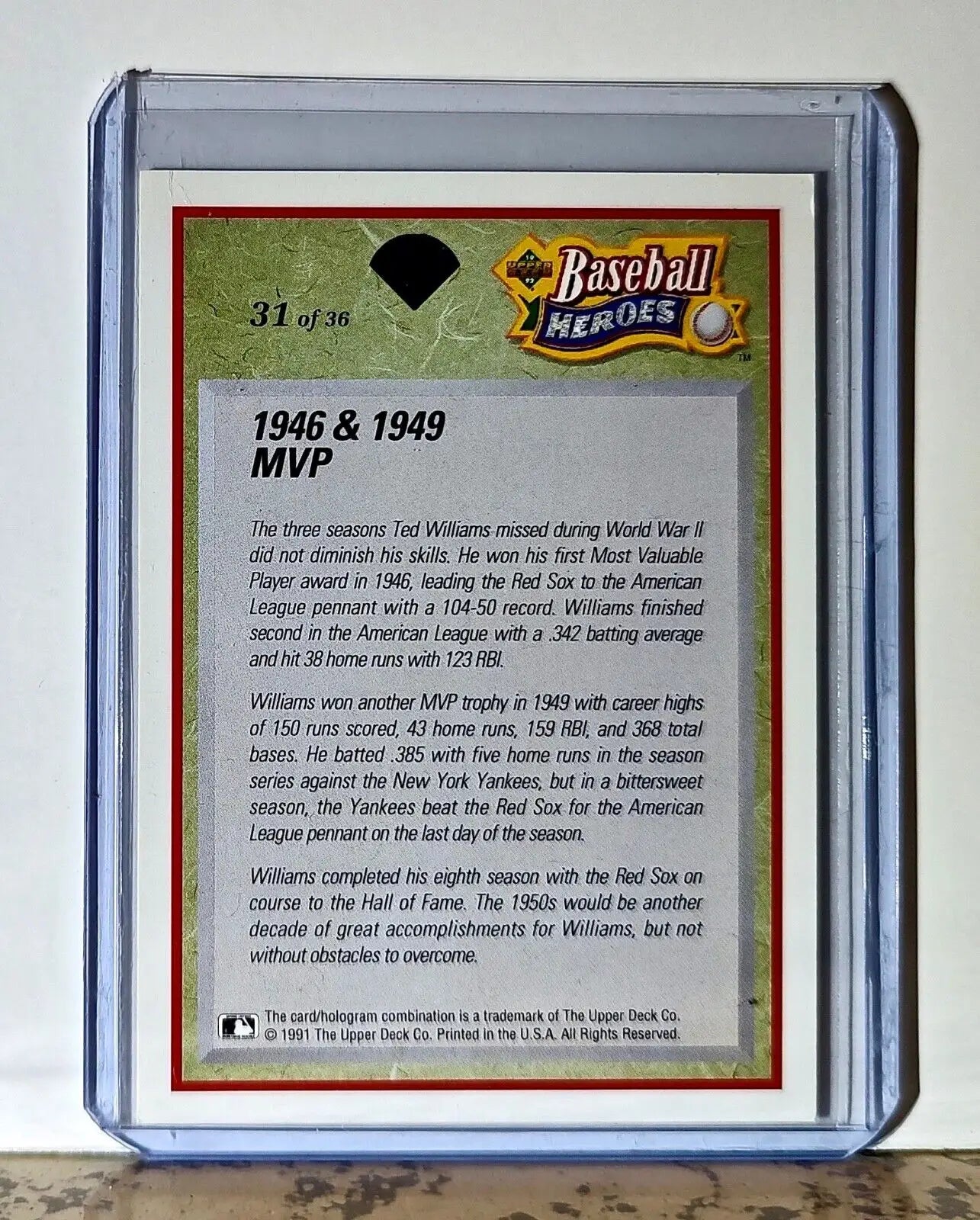Ted Williams 1992 Upper Deck Baseball Heroes MLB #31 Card Boston Red Sox