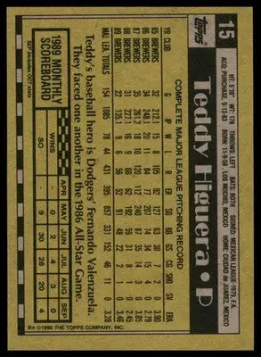 Teddy Higuera 1990 Topps #15 Milwaukee Brewers - Baseball Card Single