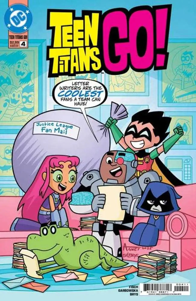 Teen Titans Go comic book cover featuring Justice League and fan mail scenes