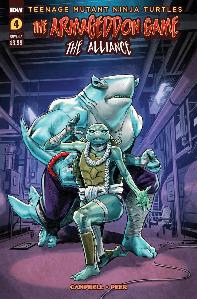 Comic book cover art of Teenage Mutant Ninja Turtles in Armageddon Game action pose