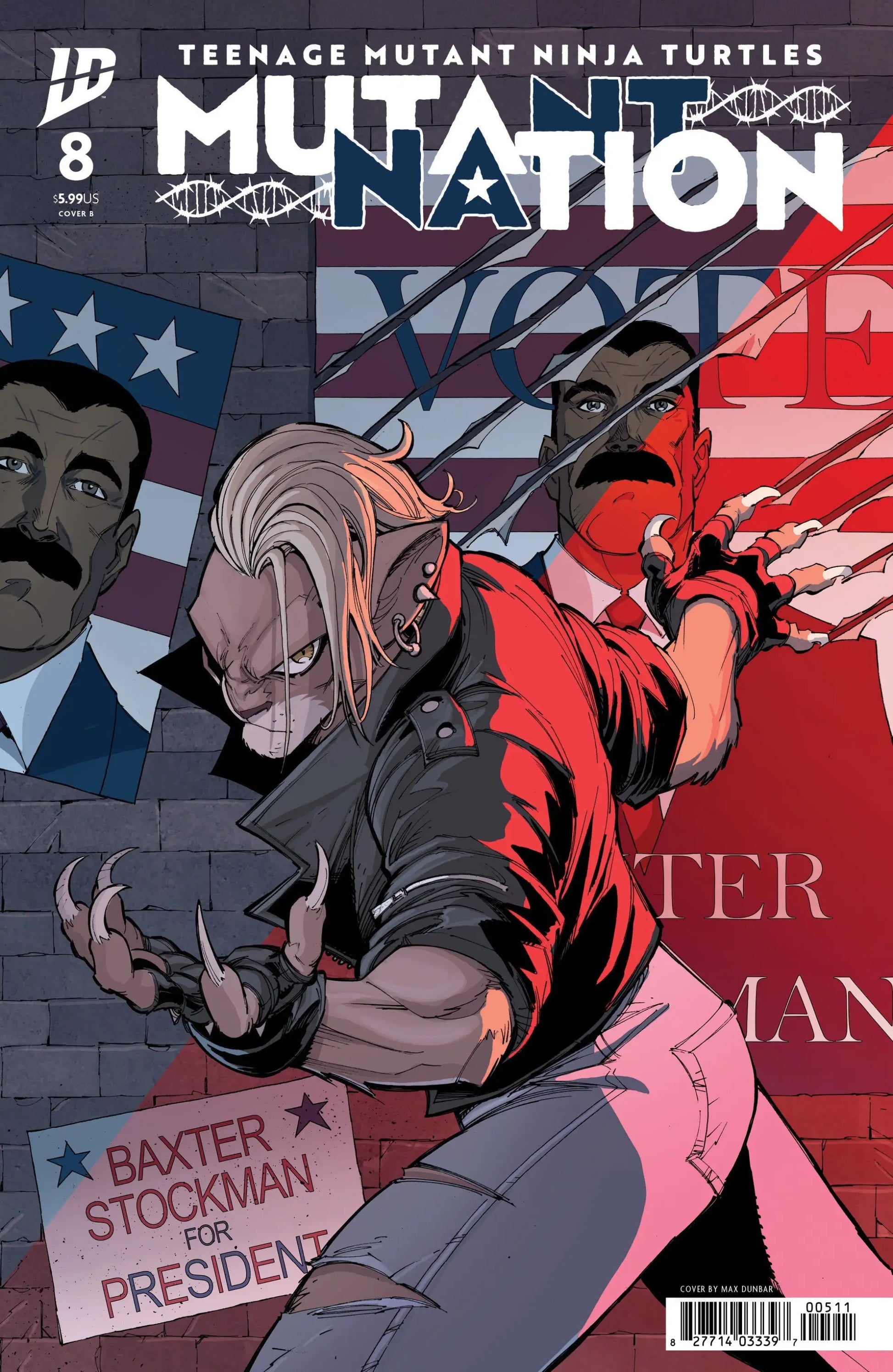 Comic book cover featuring mutant ninja turtle character with claws and fangs, political posters