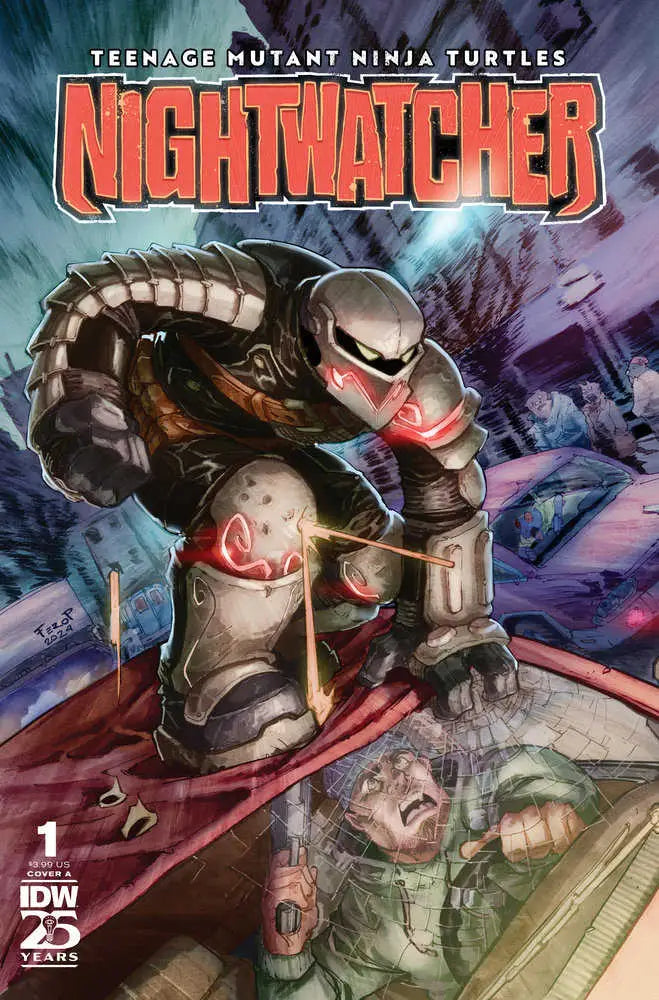 Comic book cover of Teenage Mutant Ninja Turtles: Nightwatcher featuring a robotic warrior