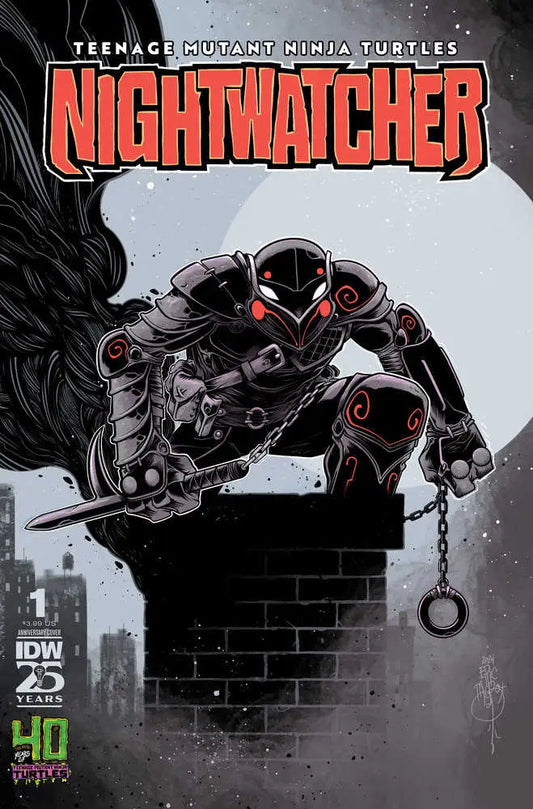 Menacing robotic figure with chains and weapons in Teenage Mutant Ninja Turtles variant