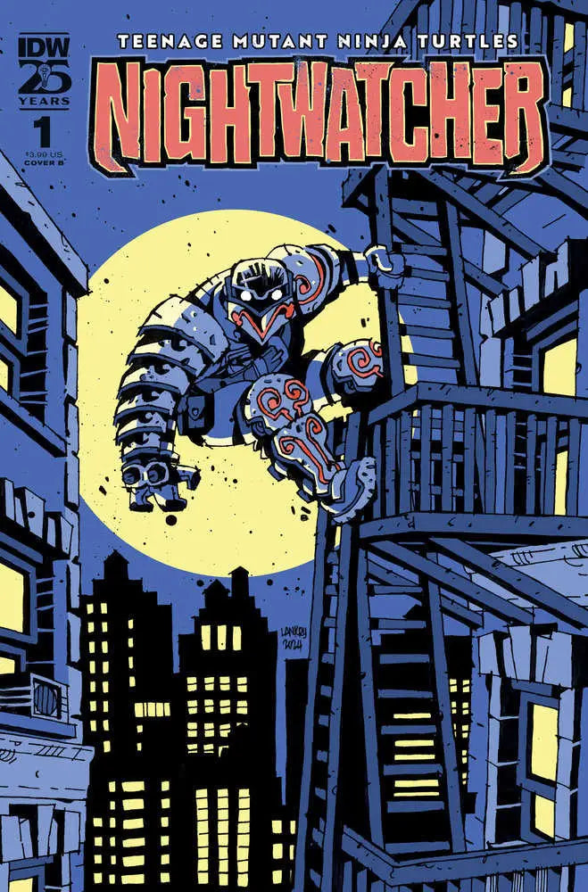 Comic book cover of Teenage Mutant Ninja Turtles’ Nightwatcher silhouetted against yellow moon