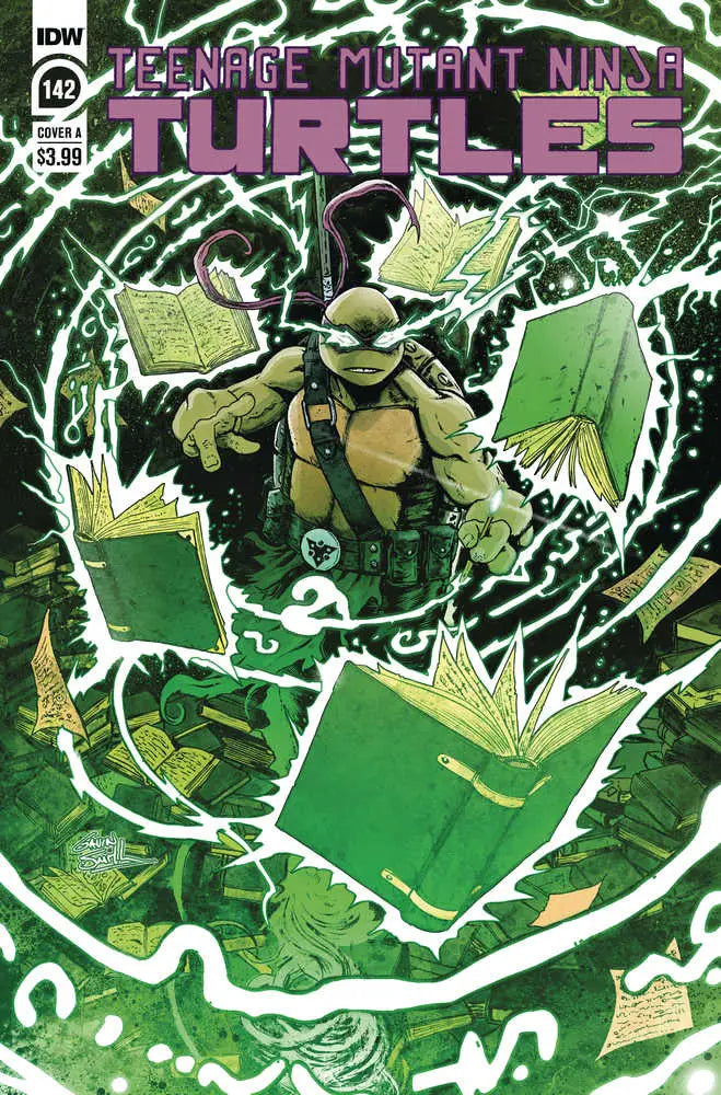 Teenage Mutant Ninja Turtles Ongoing #142 cover with swirling energy and flying books
