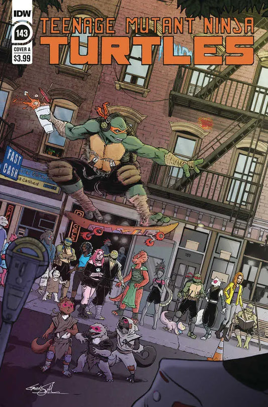 Comic book cover of Teenage Mutant Ninja Turtle skateboarding above city street
