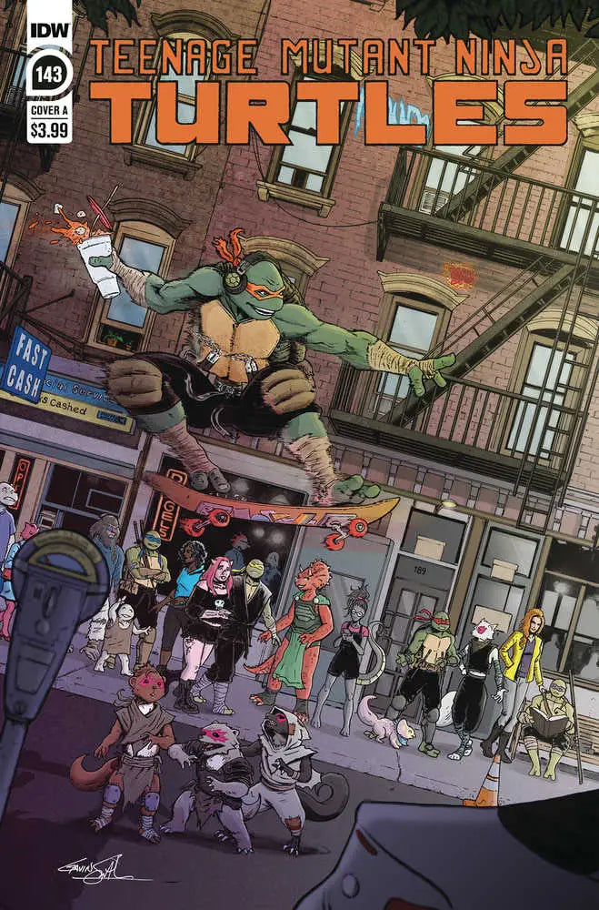 Comic book cover of Teenage Mutant Ninja Turtle skateboarding above city street