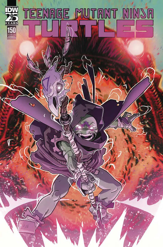 Purple-clad ninja turtle leaps with weapons on Teenage Mutant Ninja Turtles trading card