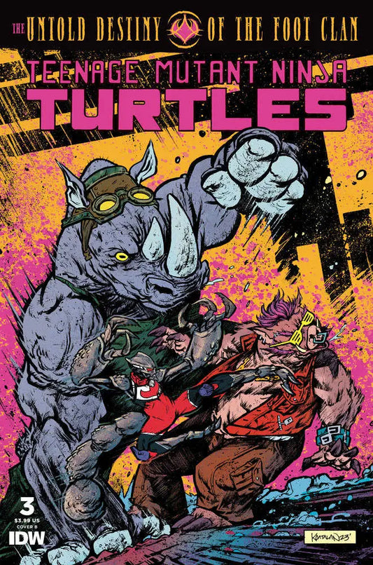 Comic book cover with muscular rhinoceros battling Ninja Turtles, Teenage Mutant Ninja Turtles