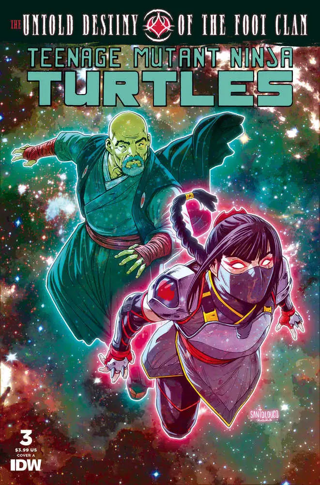 Comic book cover of Teenage Mutant Ninja Turtles with cosmic backdrop for trading cards