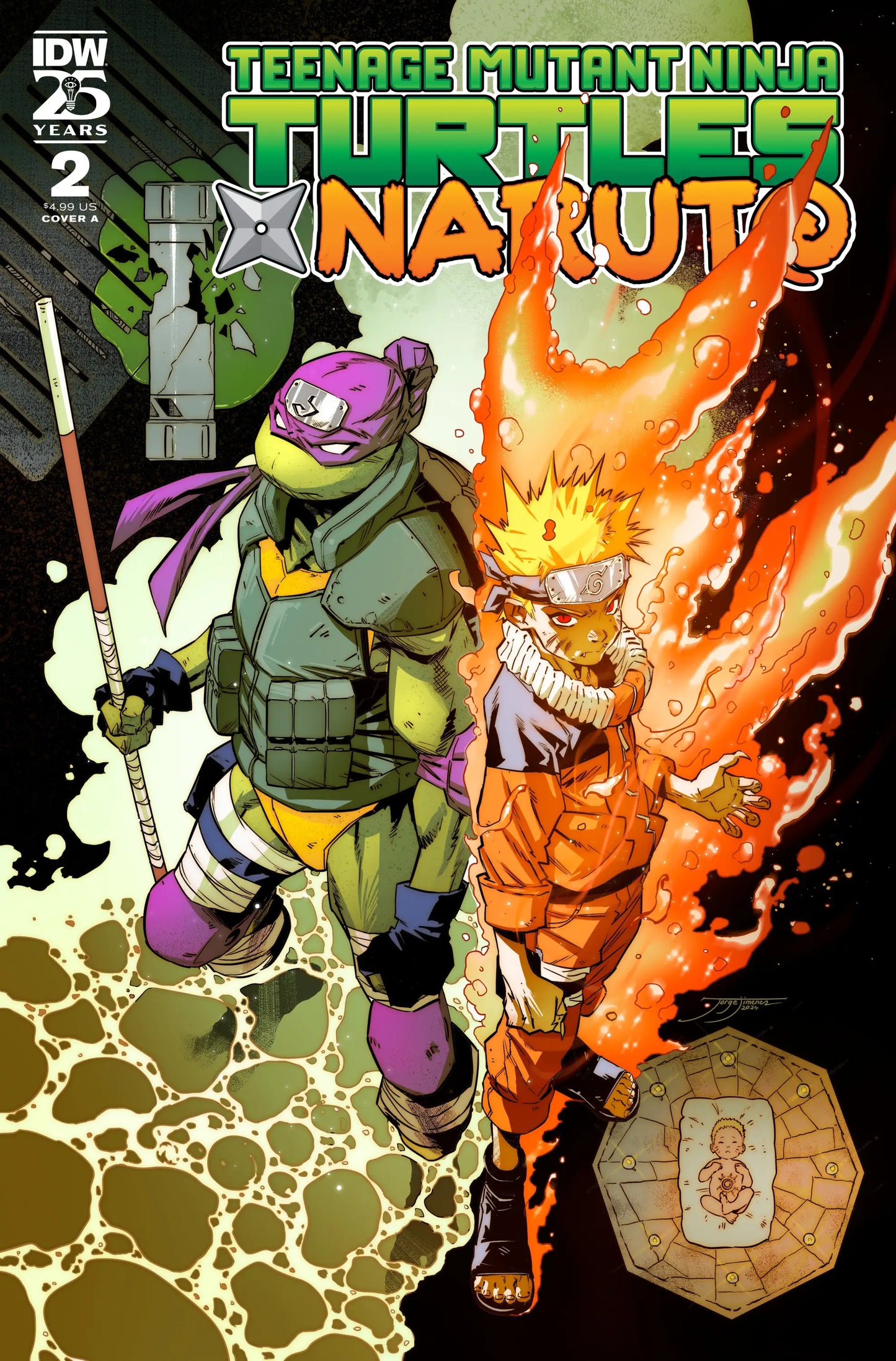 Teenage Mutant Ninja Turtles X Naruto #2 cover with glowing ninja in Big Apple Village