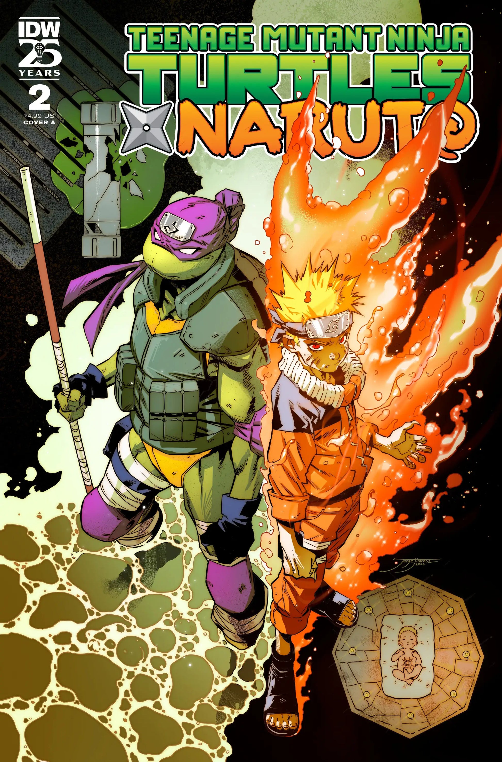 Teenage Mutant Ninja Turtles X Naruto #2 cover with glowing ninja in Big Apple Village