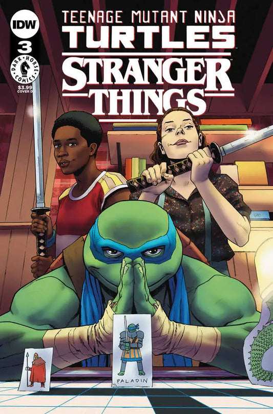 Comic book cover of Teenage Mutant Ninja Turtles X Stranger Things with trading cards theme