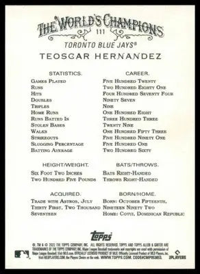 Teoscar Hernandez 2022 Topps Allen & Ginter #111 Toronto Blue Jays - Baseball Card Single