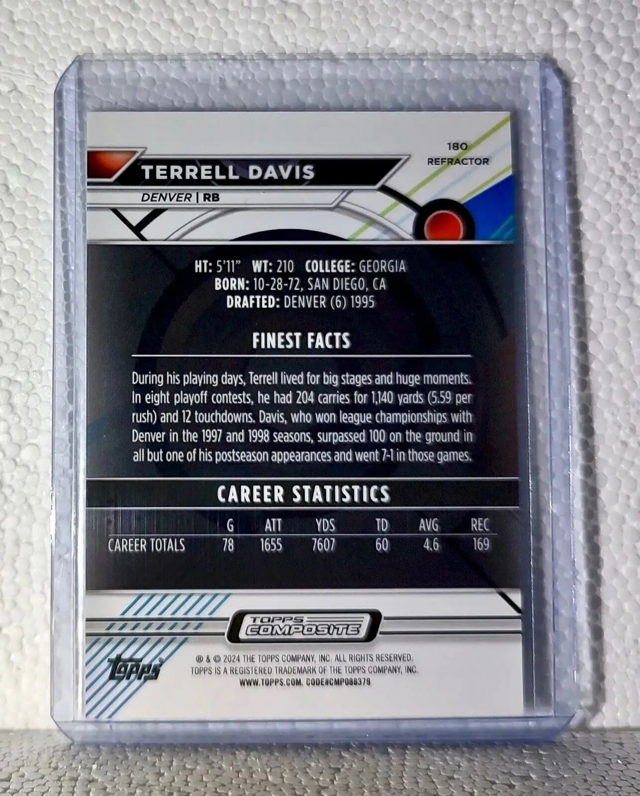 Terrell Davis 2023 Topps Finest Refractor NFL #180 Football Card Denver Broncos - Football Card Single