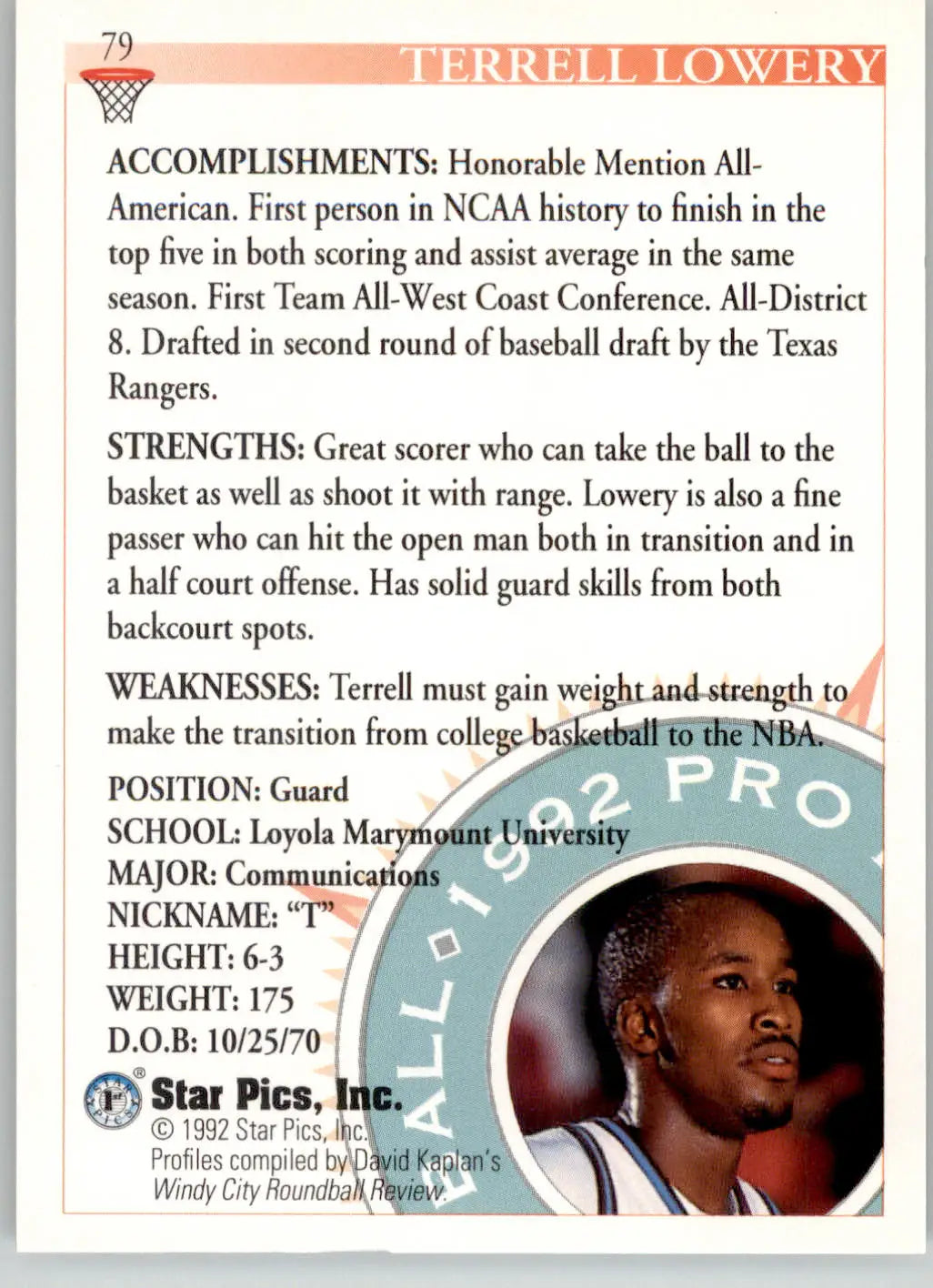 Terrell Lowery - 1992 Star Pics - #79 - Basketball - Basketball Card Single