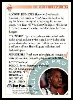 Terrell Lowery 1992 Star Pics #79 Loyola Marymount University Lions - Baseball Card Single