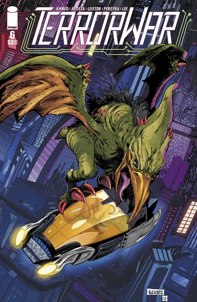 Green dinosaur riding yellow futuristic car in cityscape for Terrorwar #6 trading cards