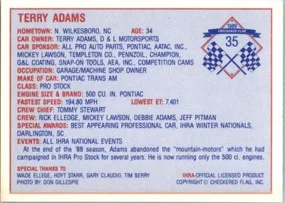 Terry Adams - 1989 Checkered Flag IHRA - #35 - ERR Racing - Racing Card Single